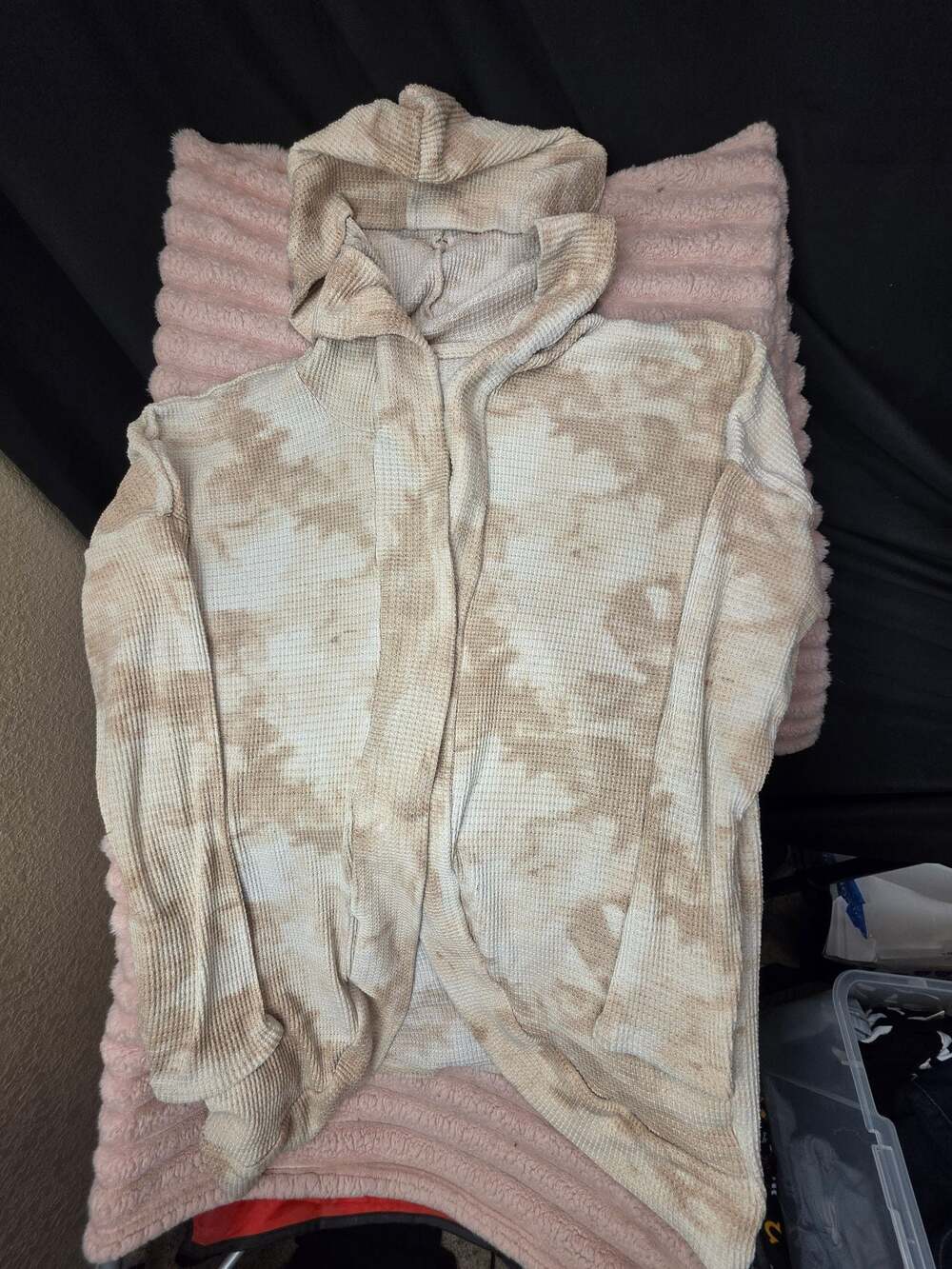 SO Women's Thermal Knit Hooded Open-Front Cardigan, Beige Tie-Dye, Size XL